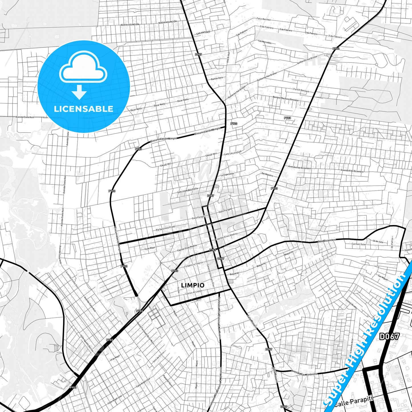 Limpio, Paraguay Light Map with Street Names, City Names, and Districts