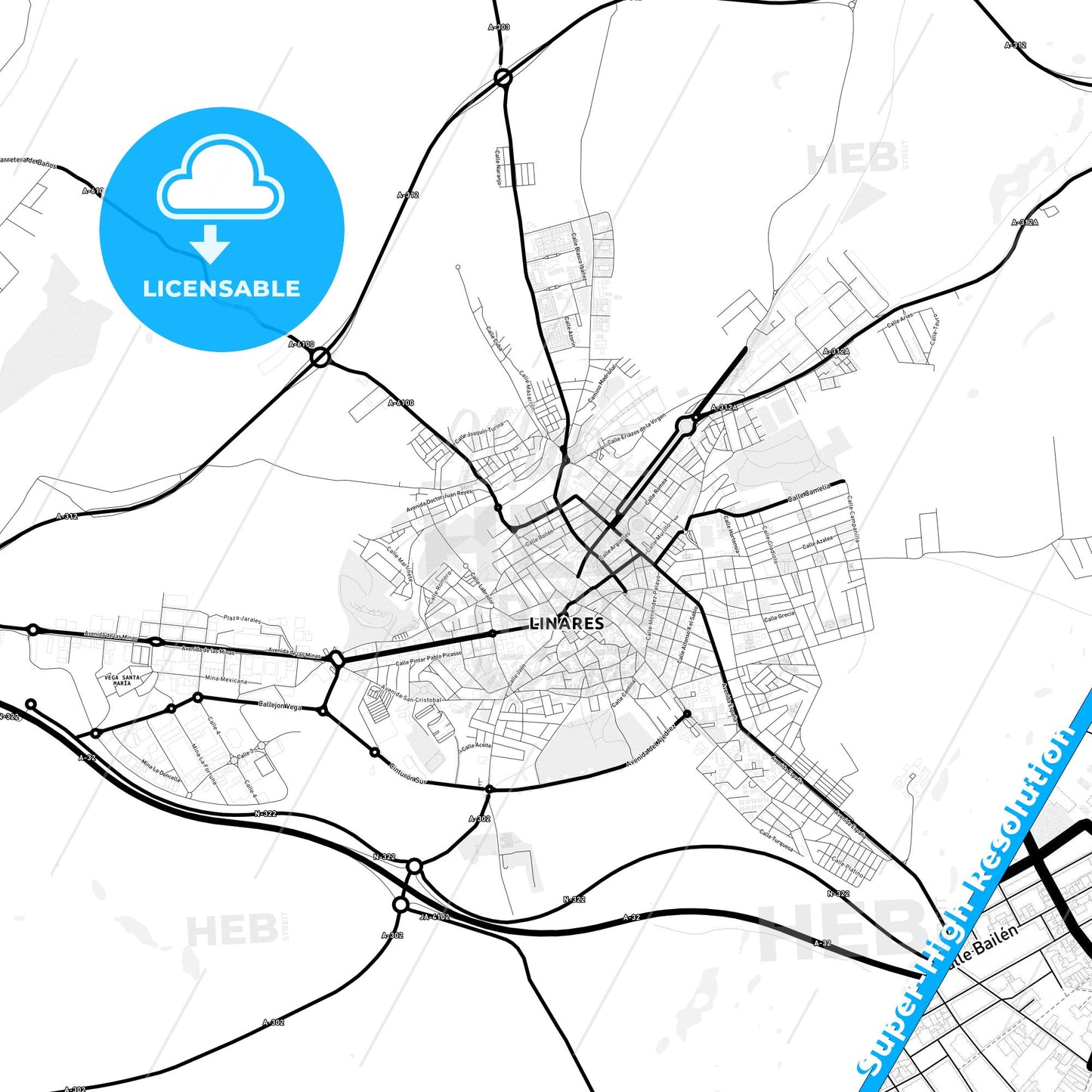 Linares, Spain Light Map with Street Names, City Names, and Districts
