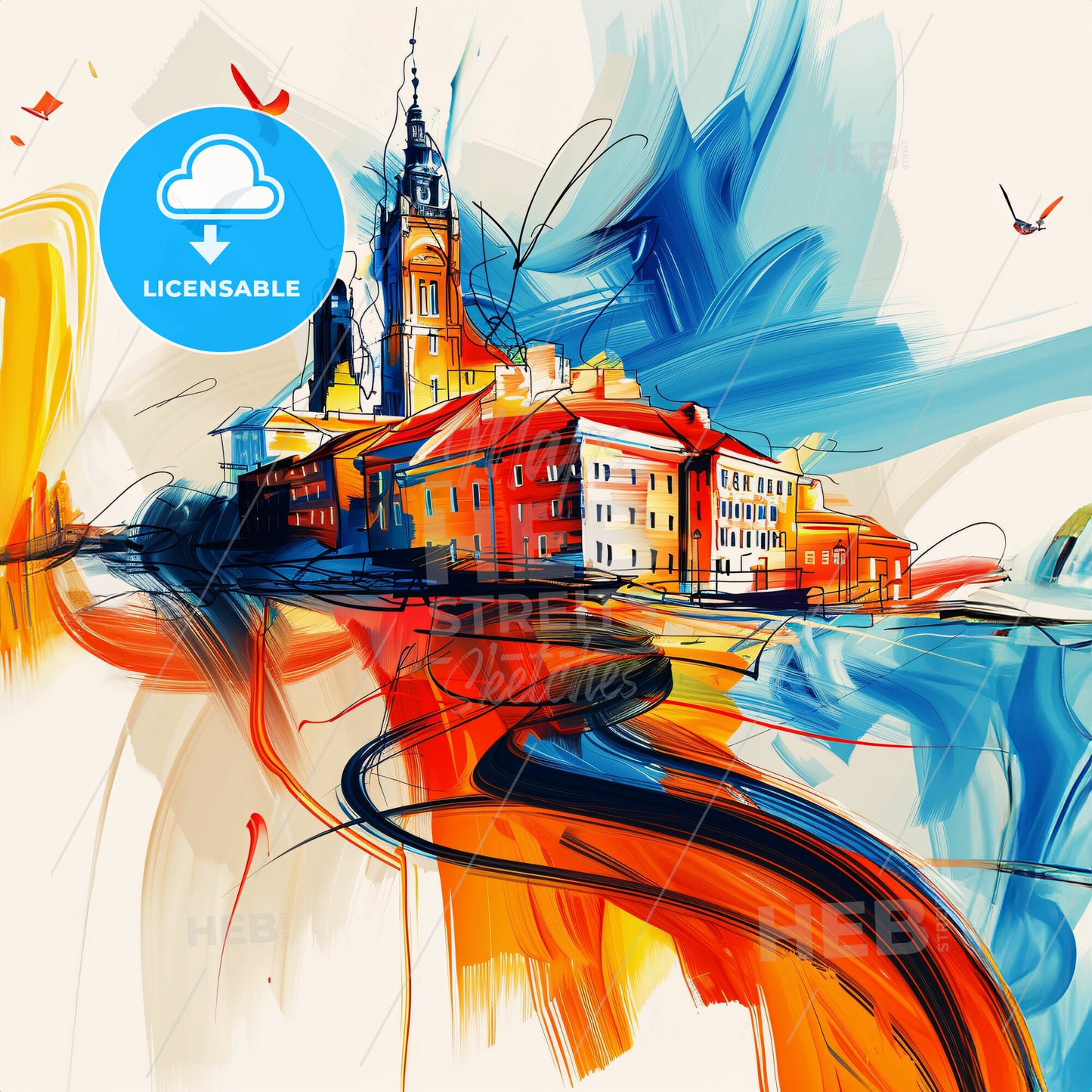 Vibrant Lincoln, England - A Painting Of A Building With Birds Flying In The Sky