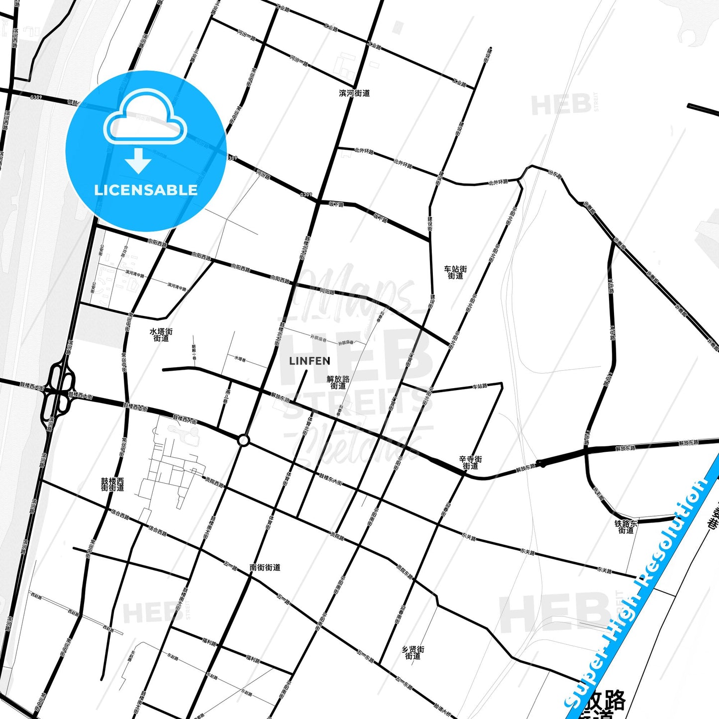 Linfen, China Light Map with Street Names, City Names, and Districts