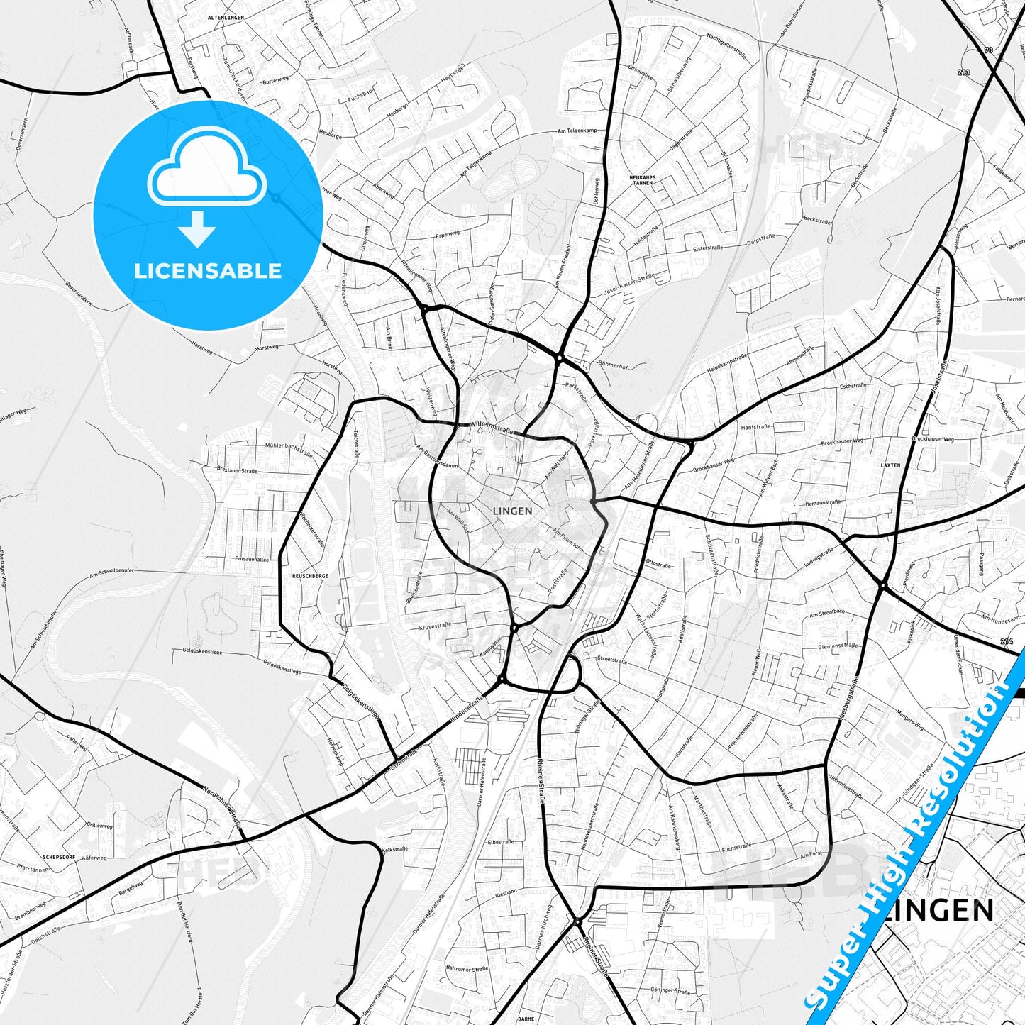 Lingen (Ems), Germany Light Map with Street Names, City Names, and Districts