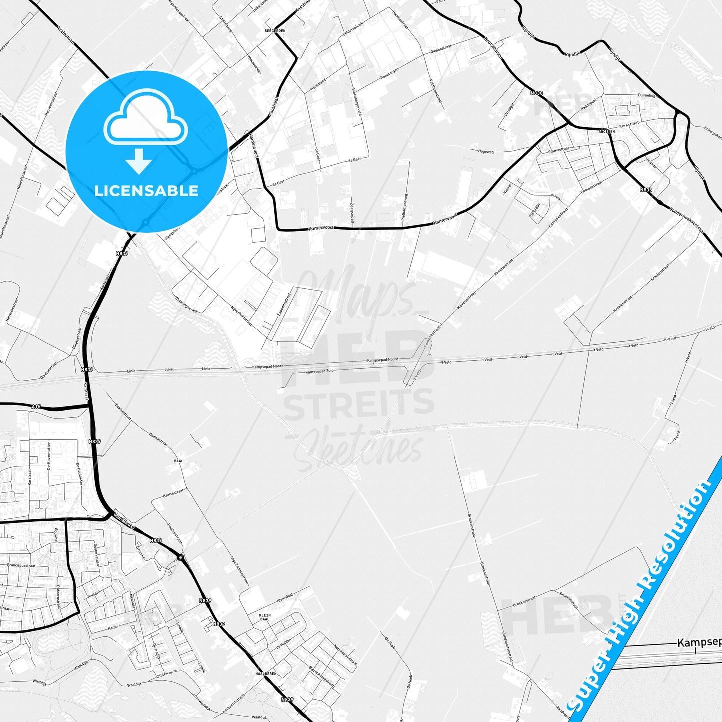 Lingewaard, Netherlands Light Map with Street Names, City Names, and Districts