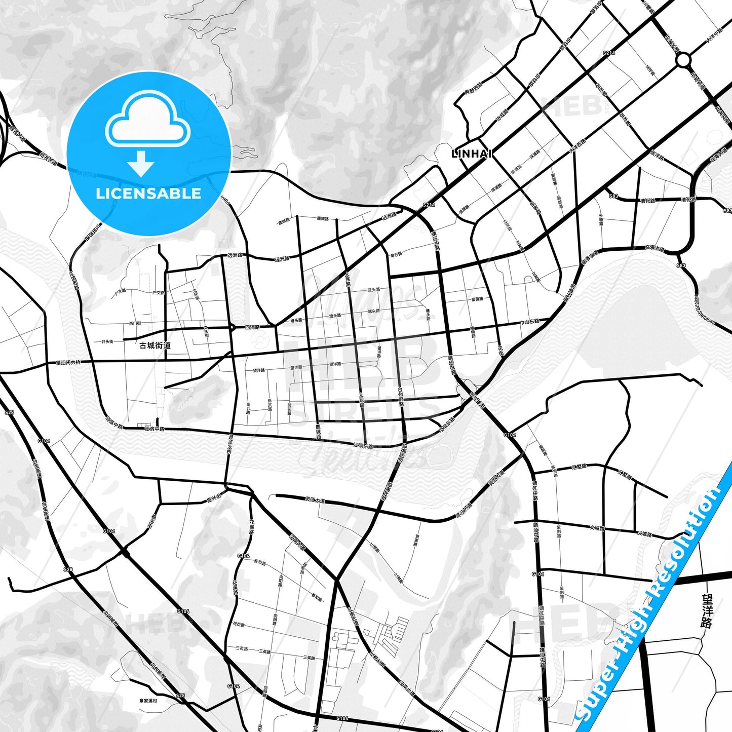 Linhai, China Light Map with Street Names, City Names, and Districts