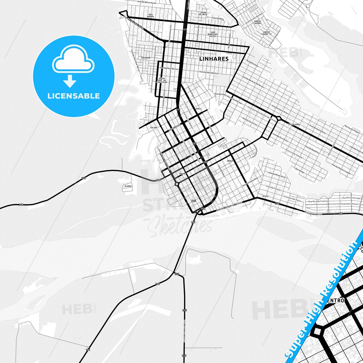 Linhares, Brazil Light Map with Street Names, City Names, and Districts