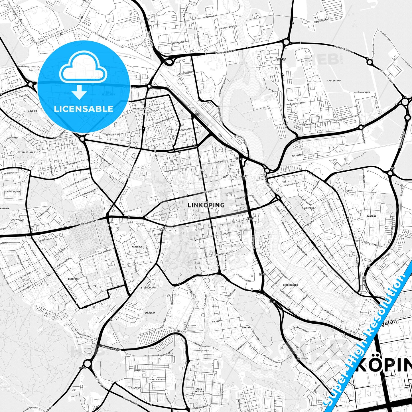 Linköping, Sweden Light Map with Street Names, City Names, and Districts