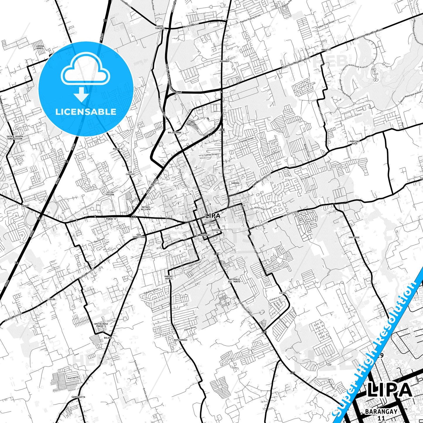 Lipa, Philippines Light Map with Street Names, City Names, and Districts