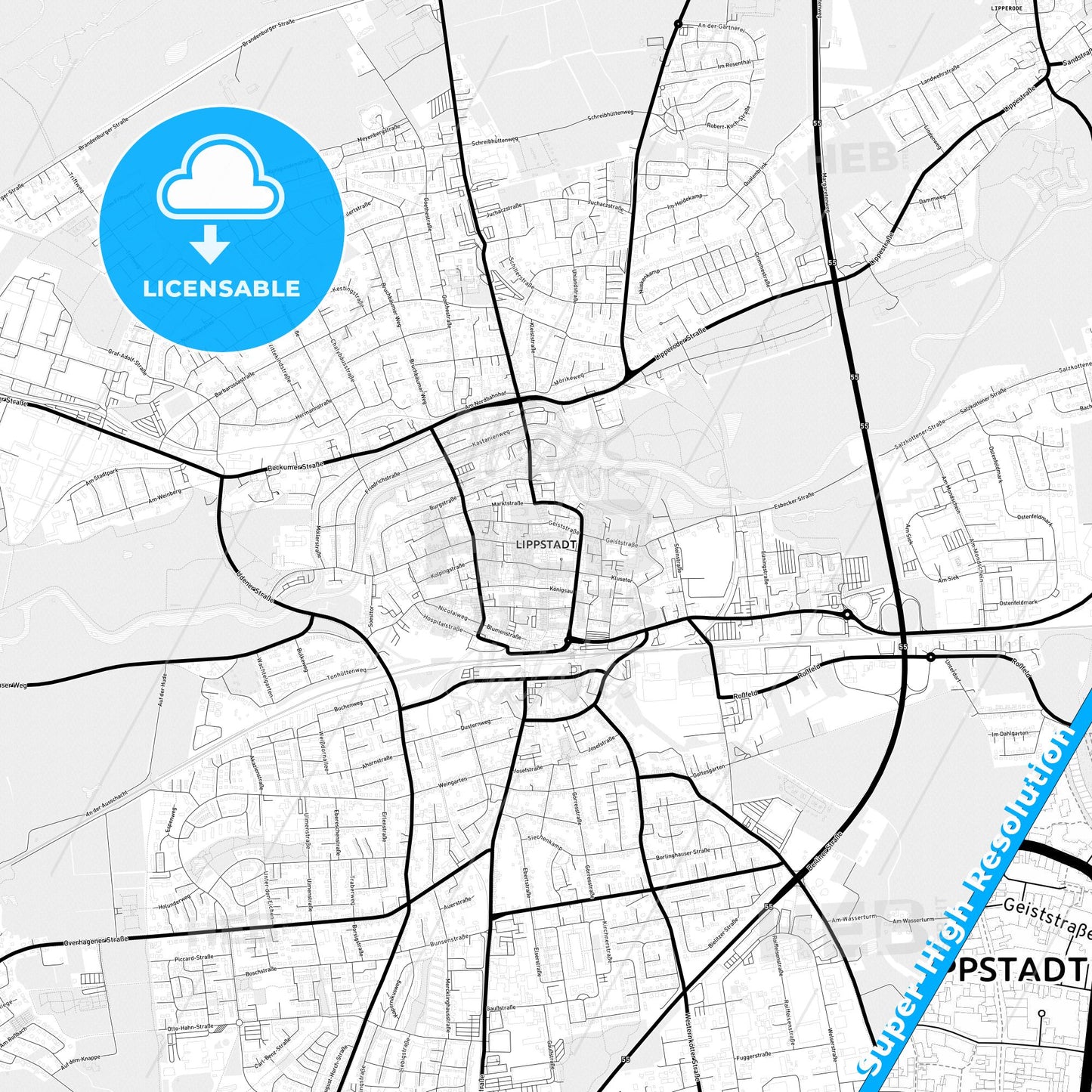Lippstadt, Germany Light Map with Street Names, City Names, and Districts