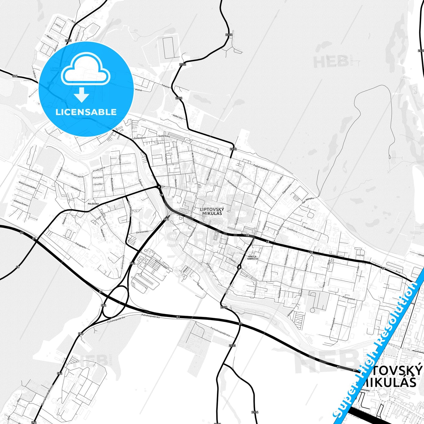 Liptovský Mikuláš, Slovakia Light Map with Street Names, City Names, and Districts