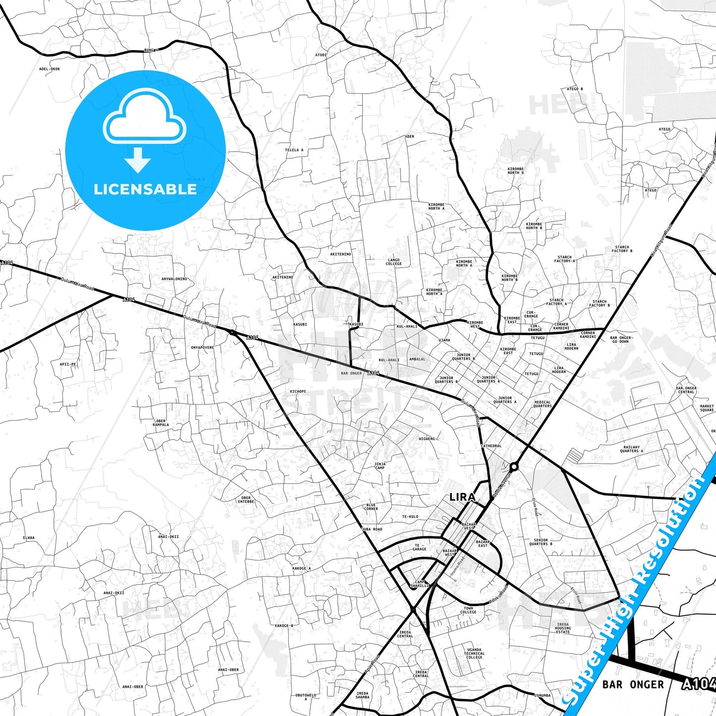 Lira, Uganda Light Map with Street Names, City Names, and Districts