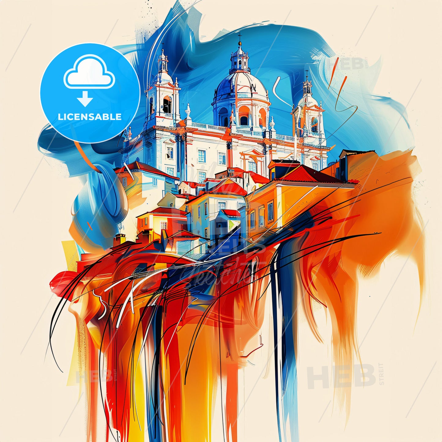 Vibrant Lisbon, Portugal - A Painting Of A Building With A Colorful Background