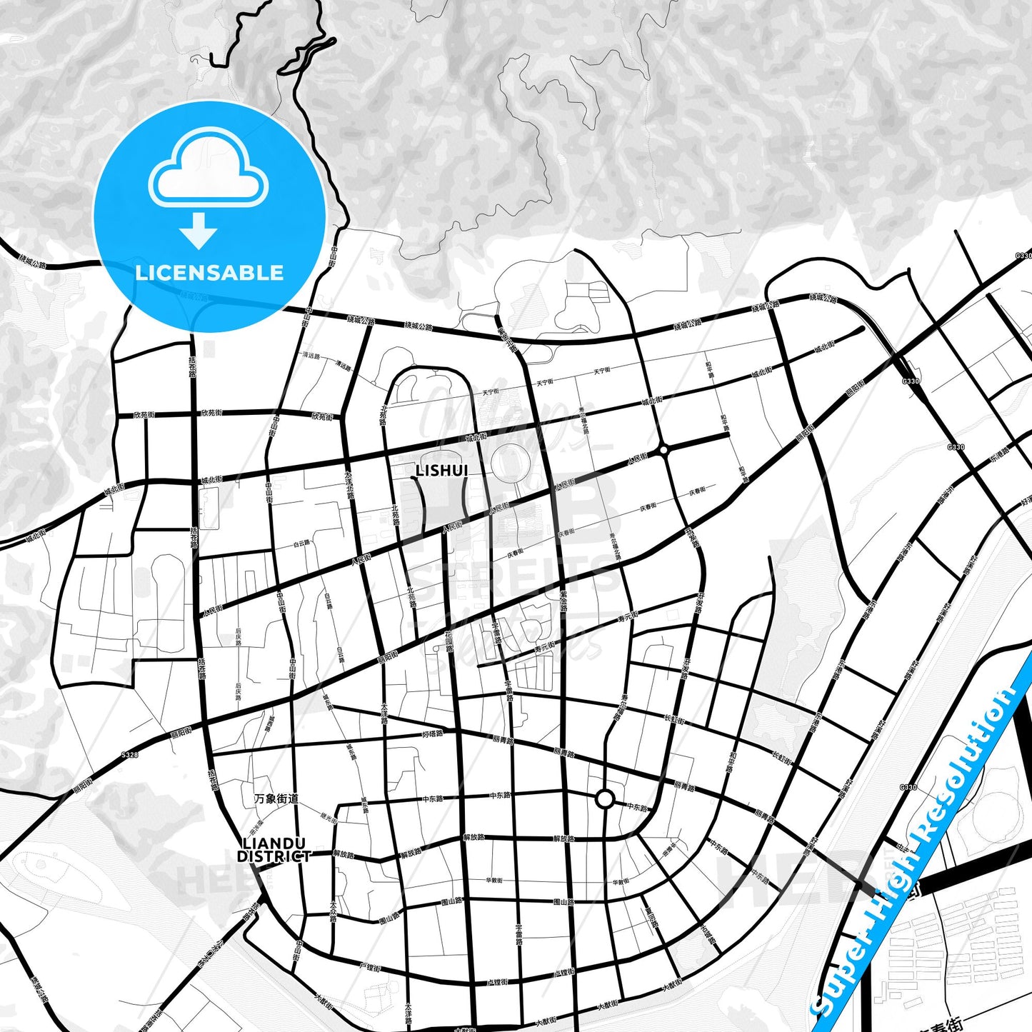 Lishui, China Light Map with Street Names, City Names, and Districts