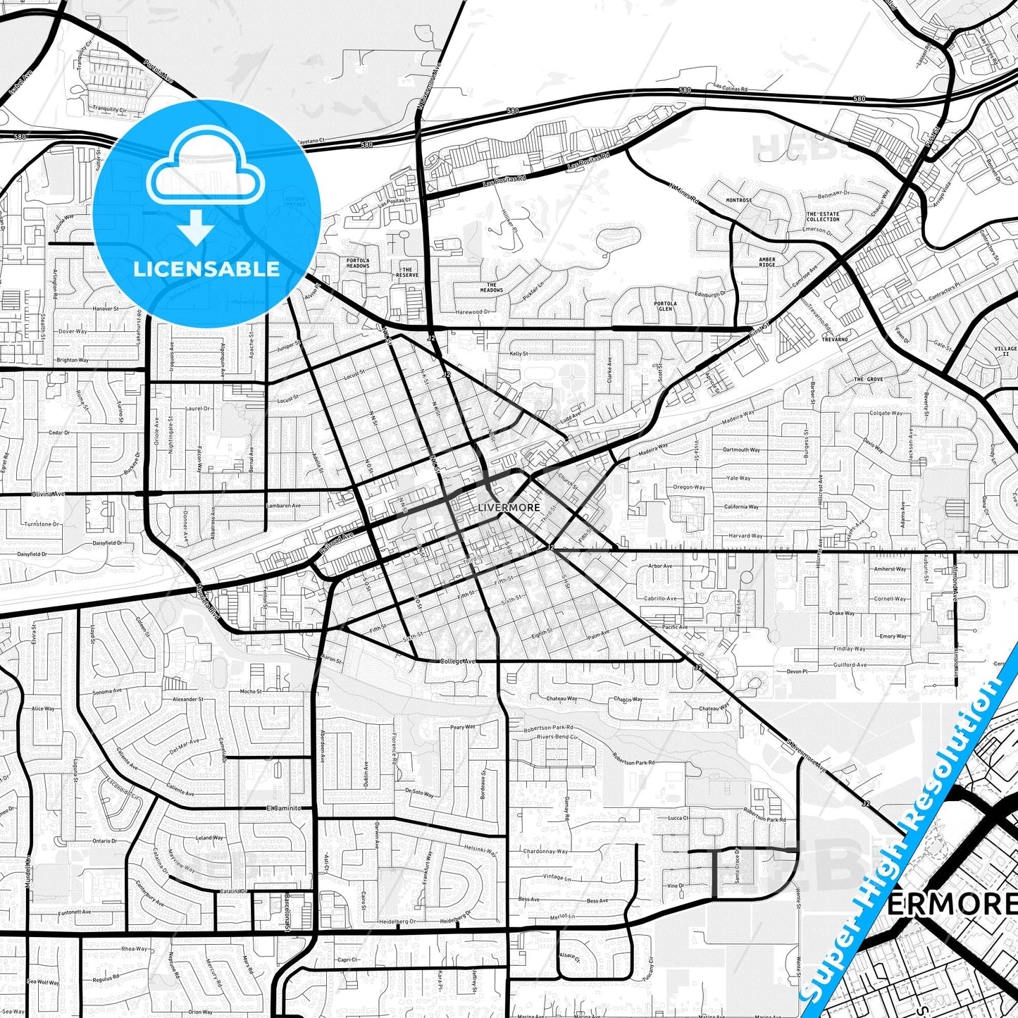 Livermore, California Light Map with Street Names, City Names, and Districts