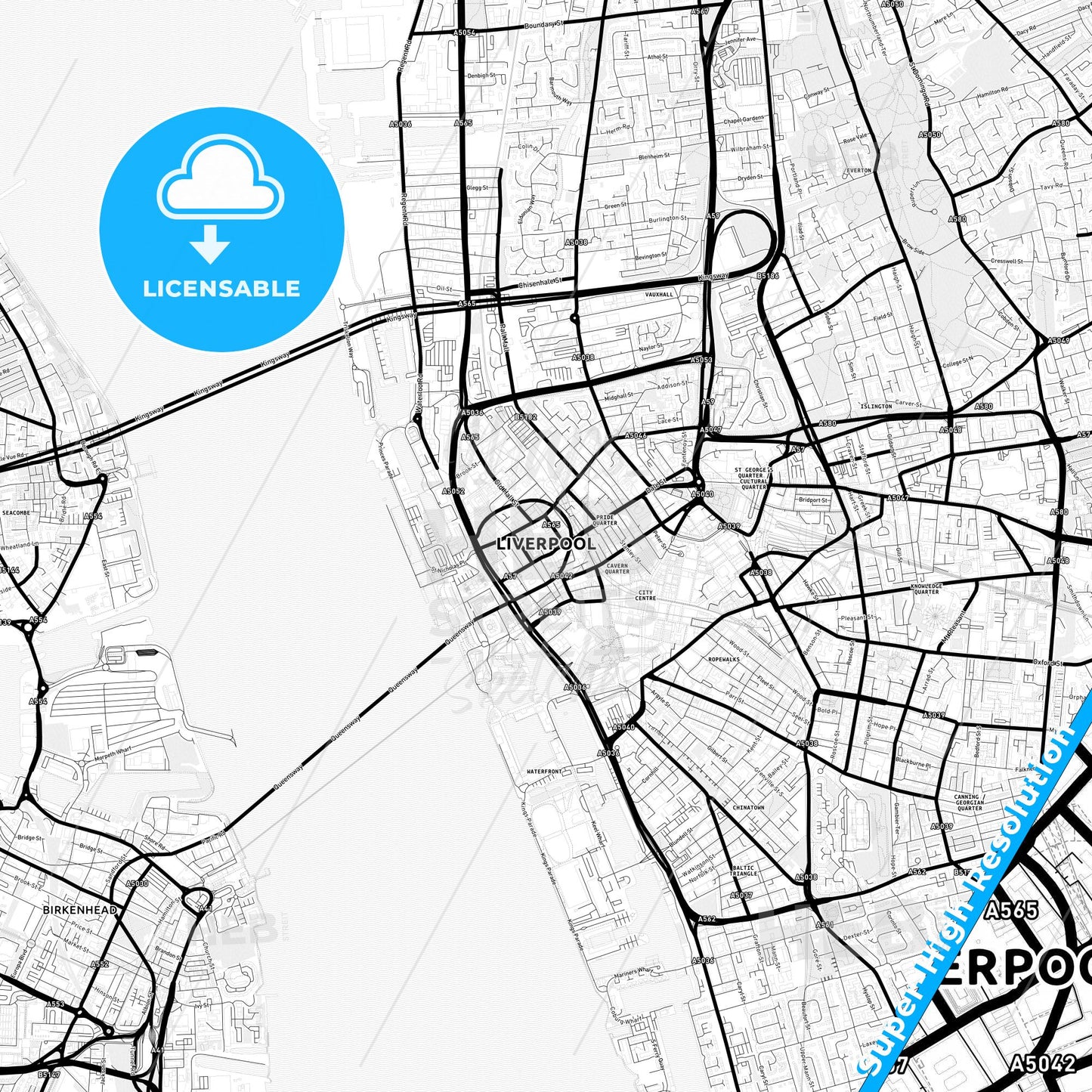 Liverpool, England Light Map with Street Names, City Names, and Districts