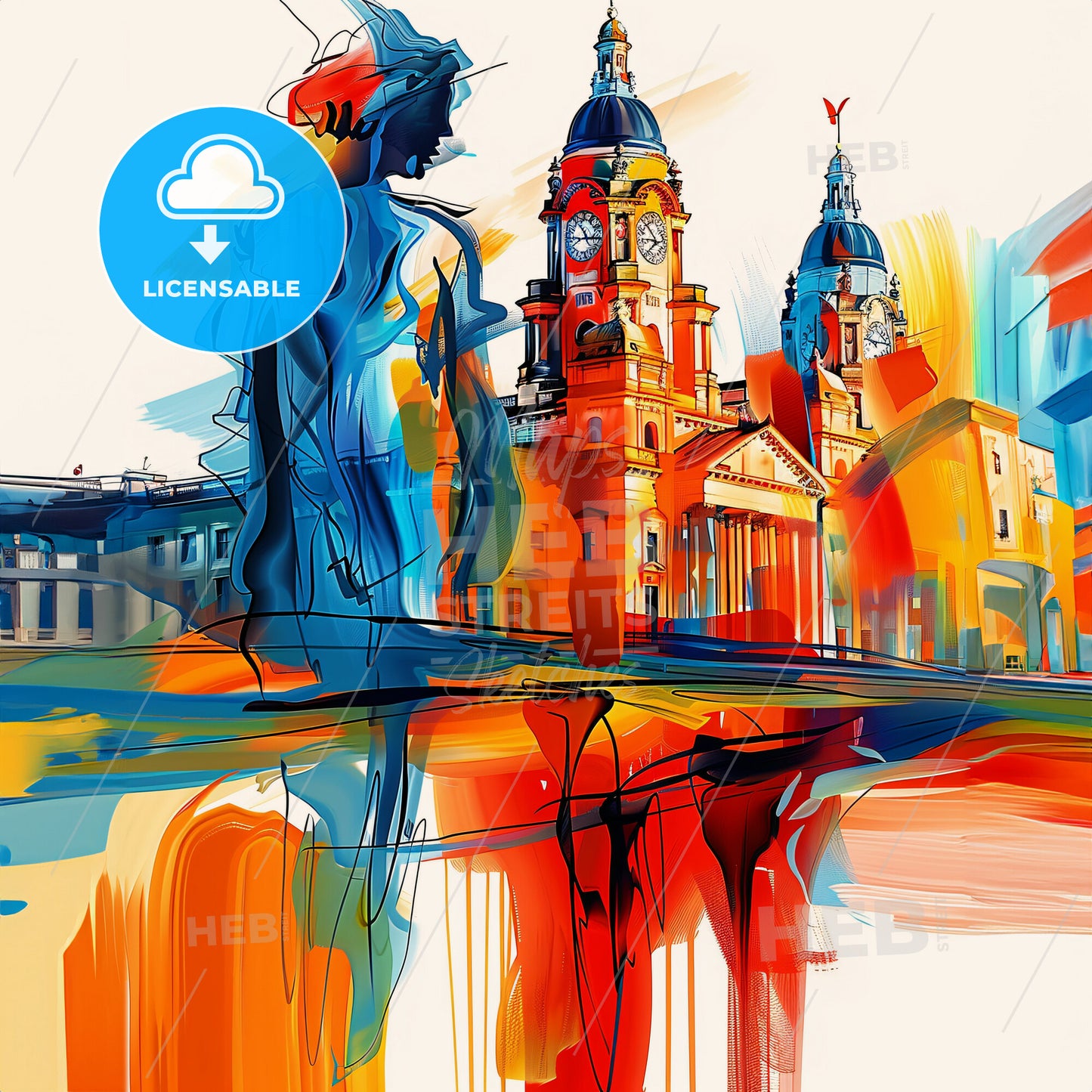 Vibrant Liverpool, England - A Painting Of A Statue And A Building