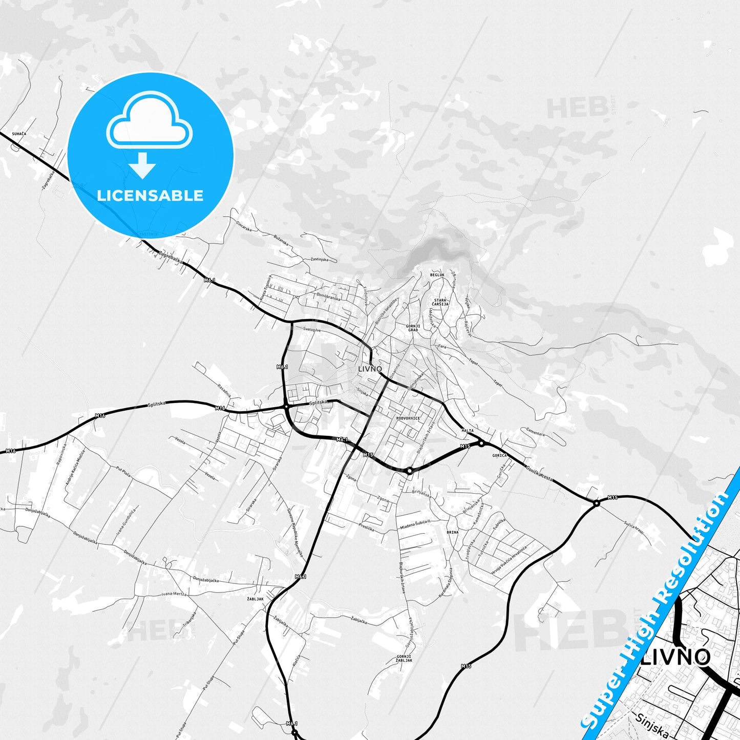 Livno, Bosnia and Herzegovina Light Map with Street Names, City Names, and Districts