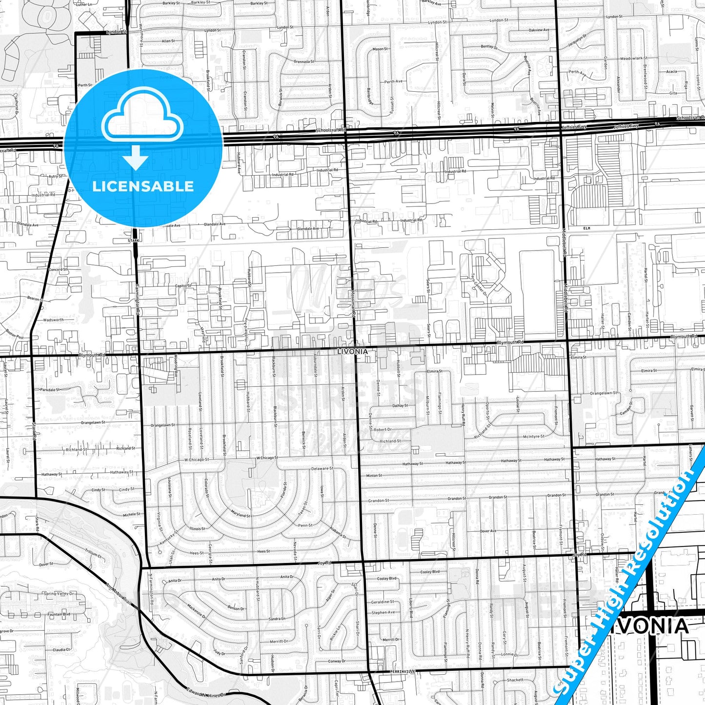 Livonia, Michigan Light Map with Street Names, City Names, and Districts