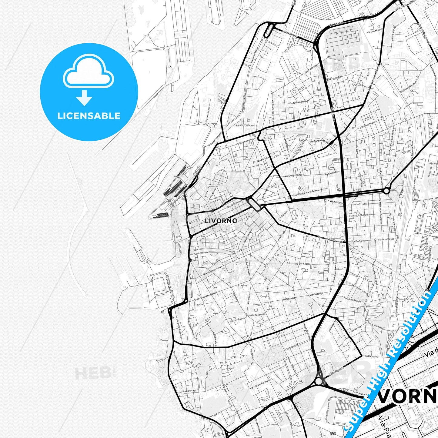 Livorno, Italy Light Map with Street Names, City Names, and Districts