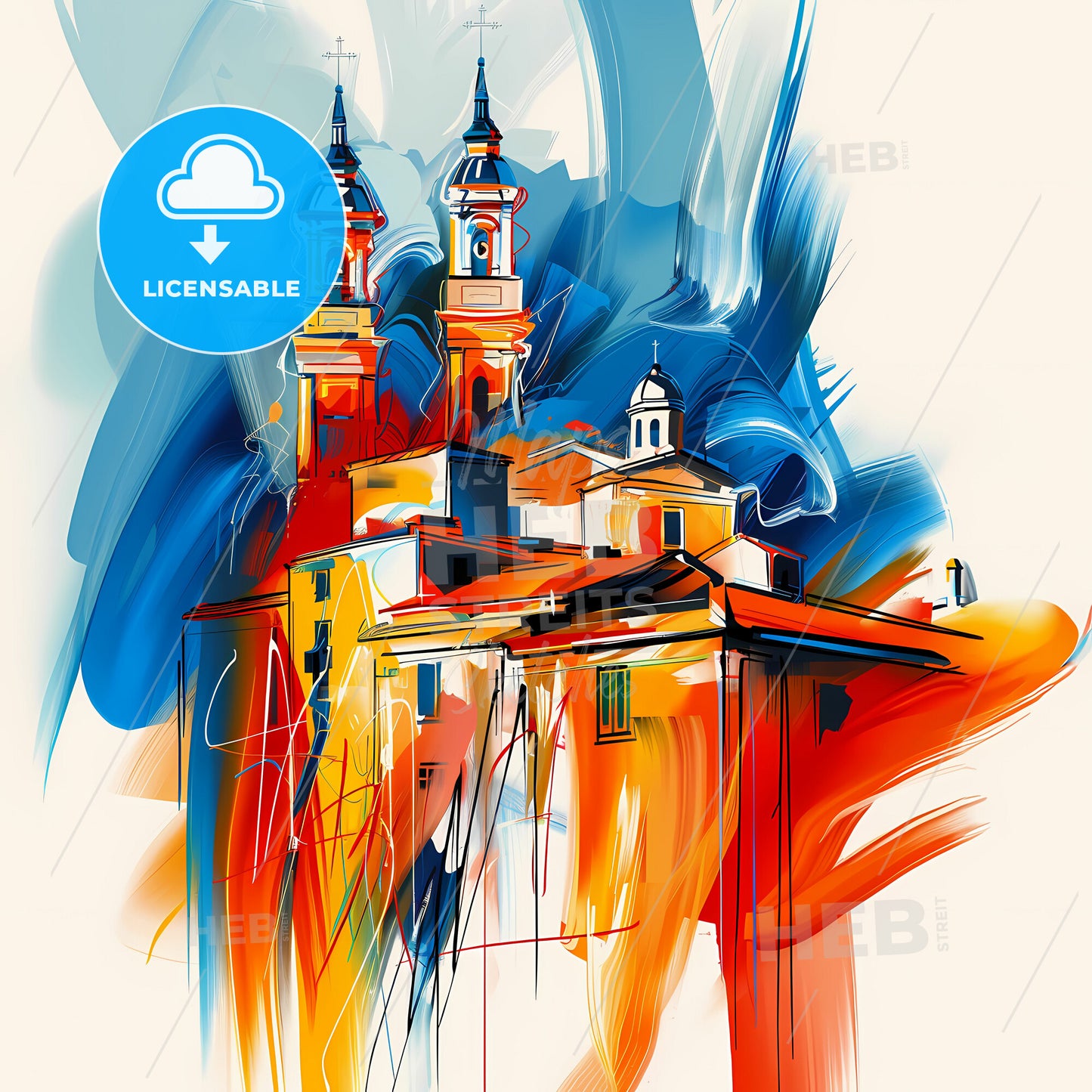 Vibrant Livorno, Italy - A Painting Of A Building With Towers And A Cross