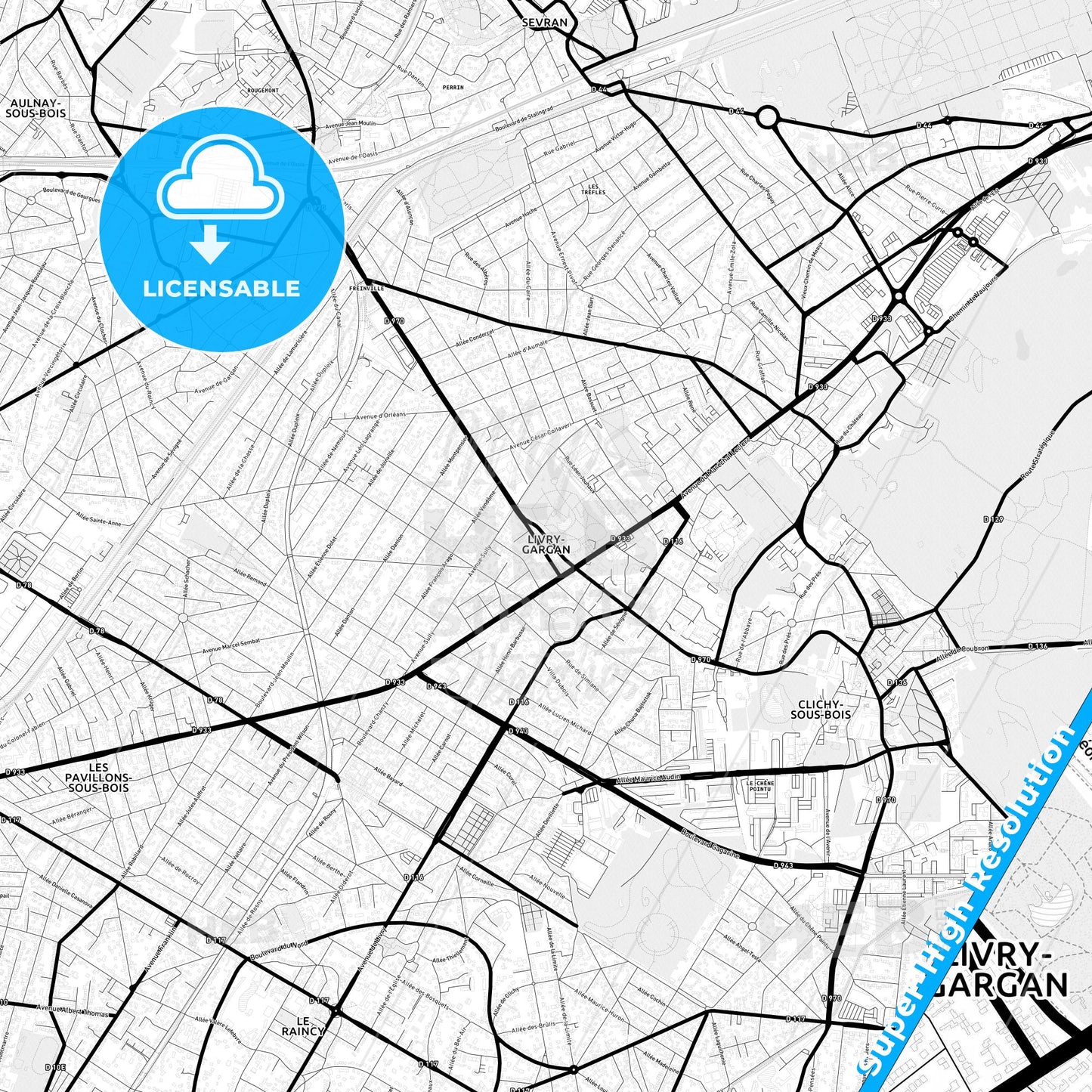 Livry-Gargan, France Light Map with Street Names, City Names, and Districts