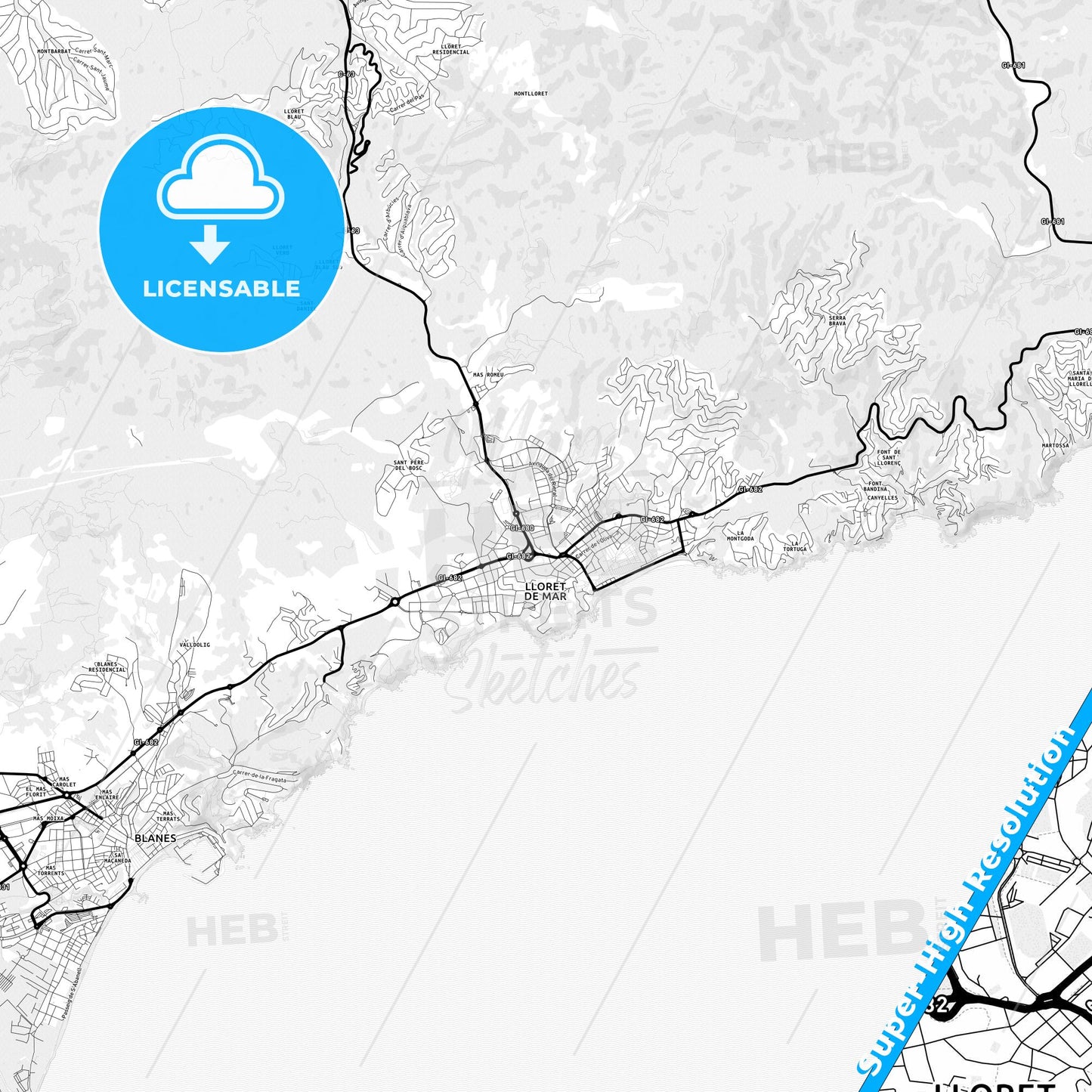 Lloret de Mar, Spain Light Map with Street Names, City Names, and Districts