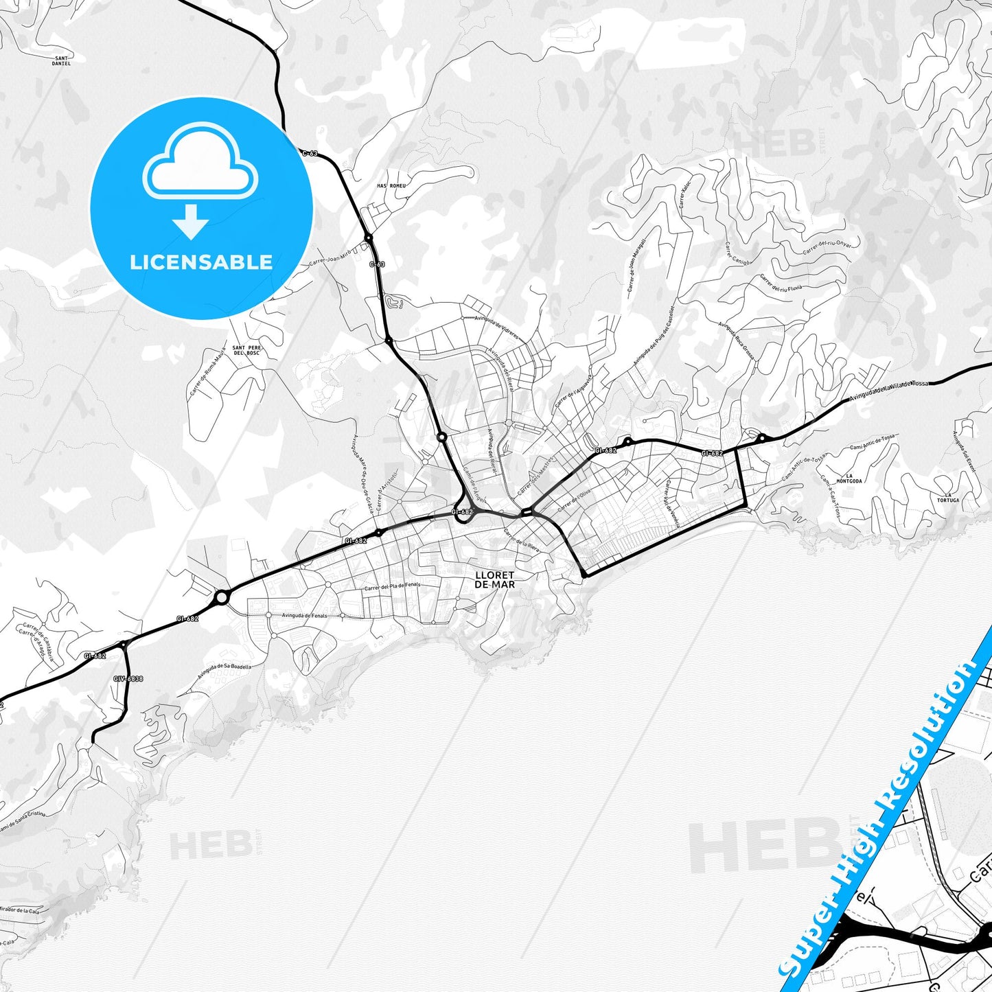 Lloret de Mar, Spain Light Map with Street Names, City Names, and Districts