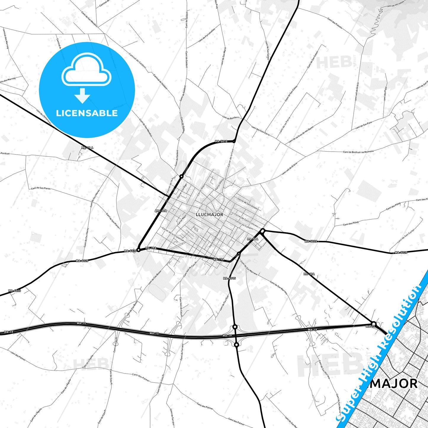Llucmajor, Spain Light Map with Street Names, City Names, and Districts