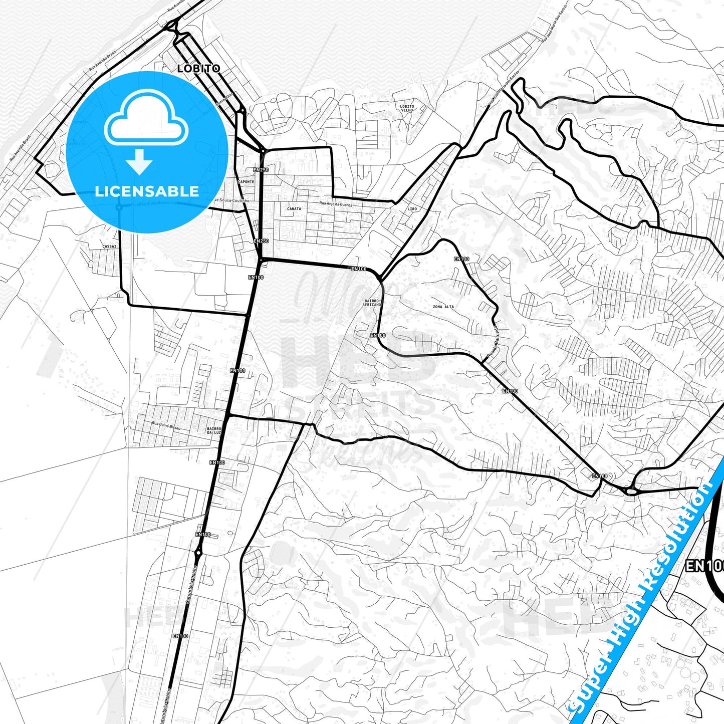Lobito, Angola Light Map with Street Names, City Names, and Districts