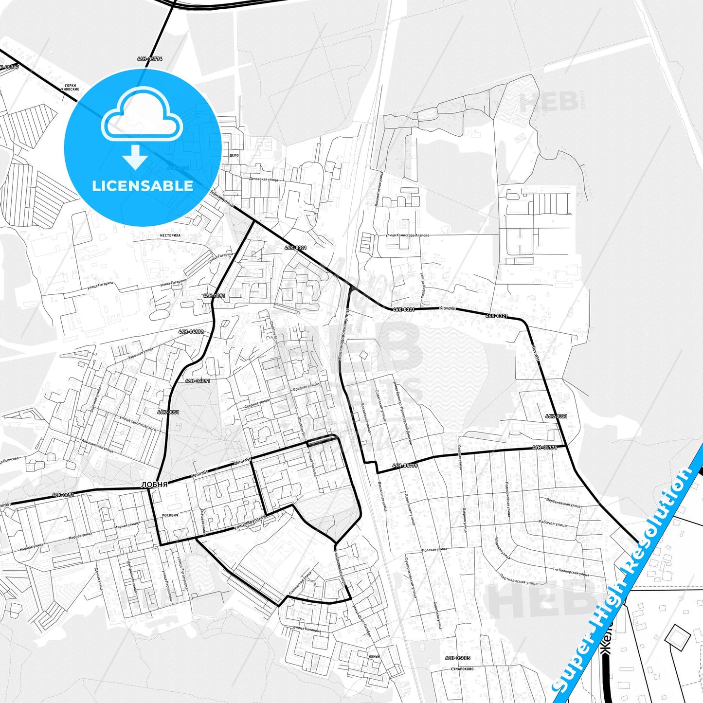 Lobnya, Russia Light Map with Street Names, City Names, and Districts