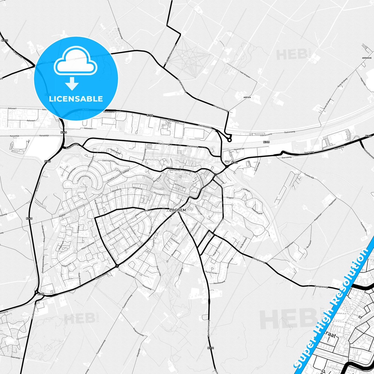 Lochem, Netherlands Light Map with Street Names, City Names, and Districts