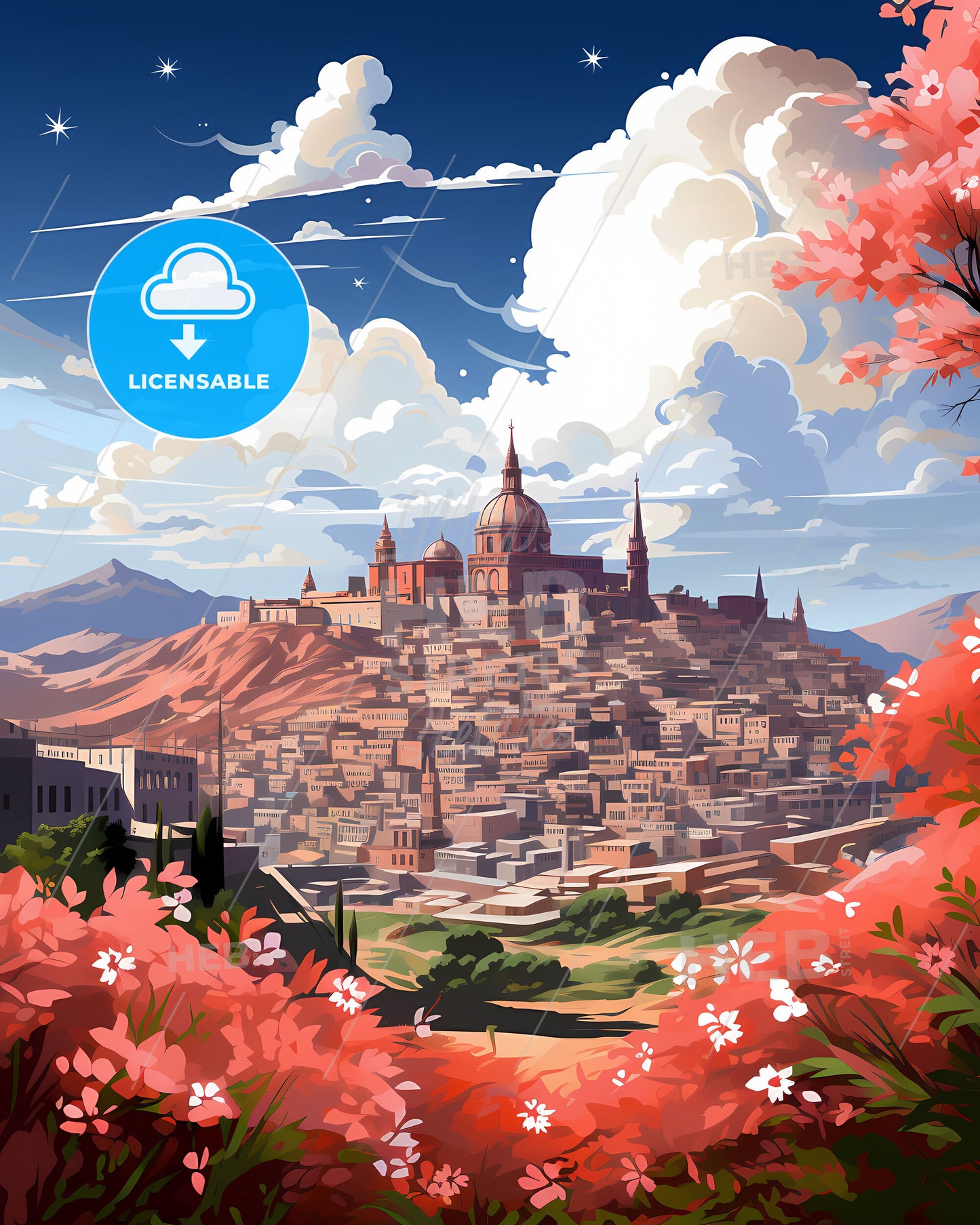 Vibrant Painting of Scenic Lod Israel Cityscape with Floral Touches
