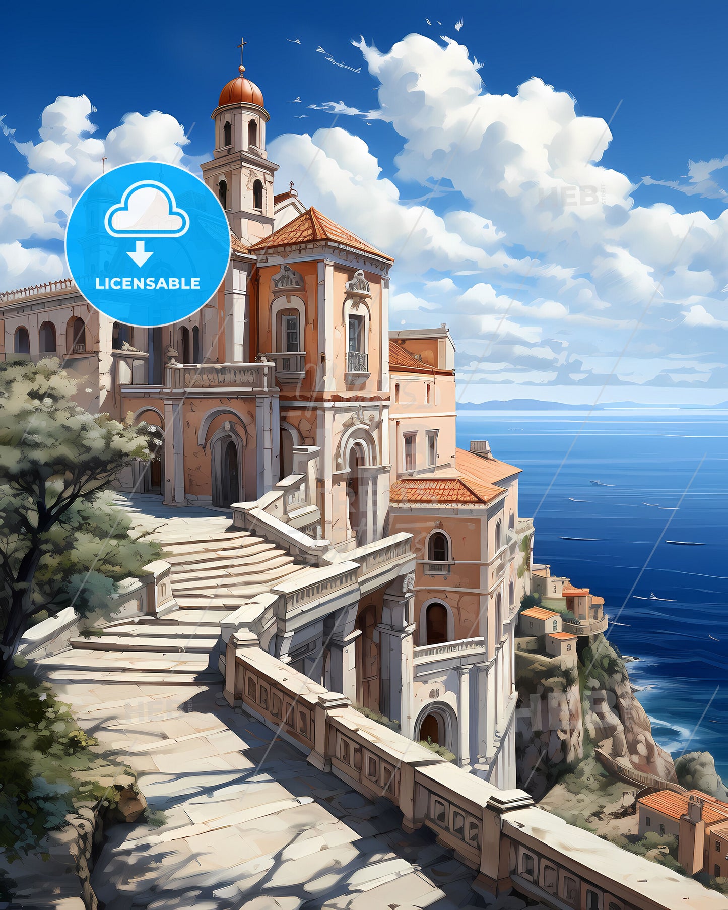 Vibrant Artistic Cityscape Painting - Building on Cliff by Water