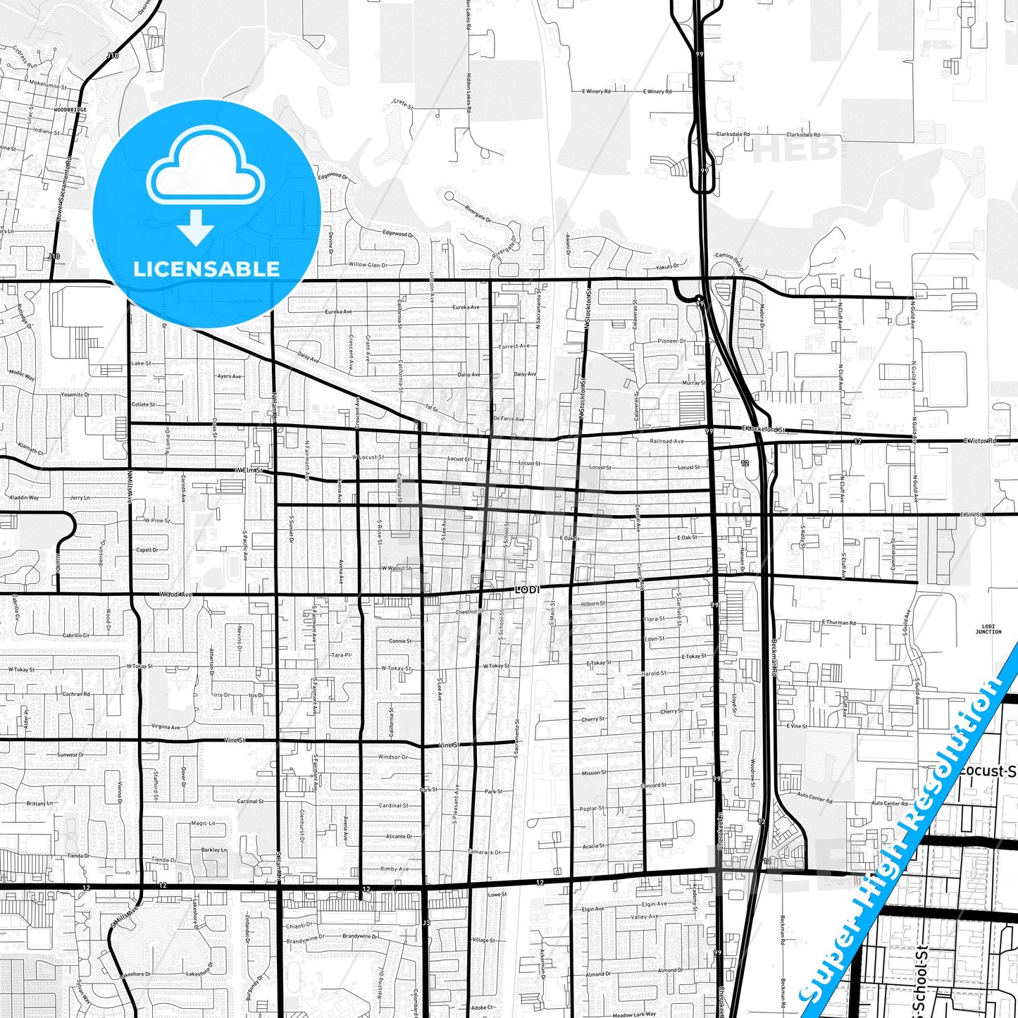 Lodi, California Light Map with Street Names, City Names, and Districts