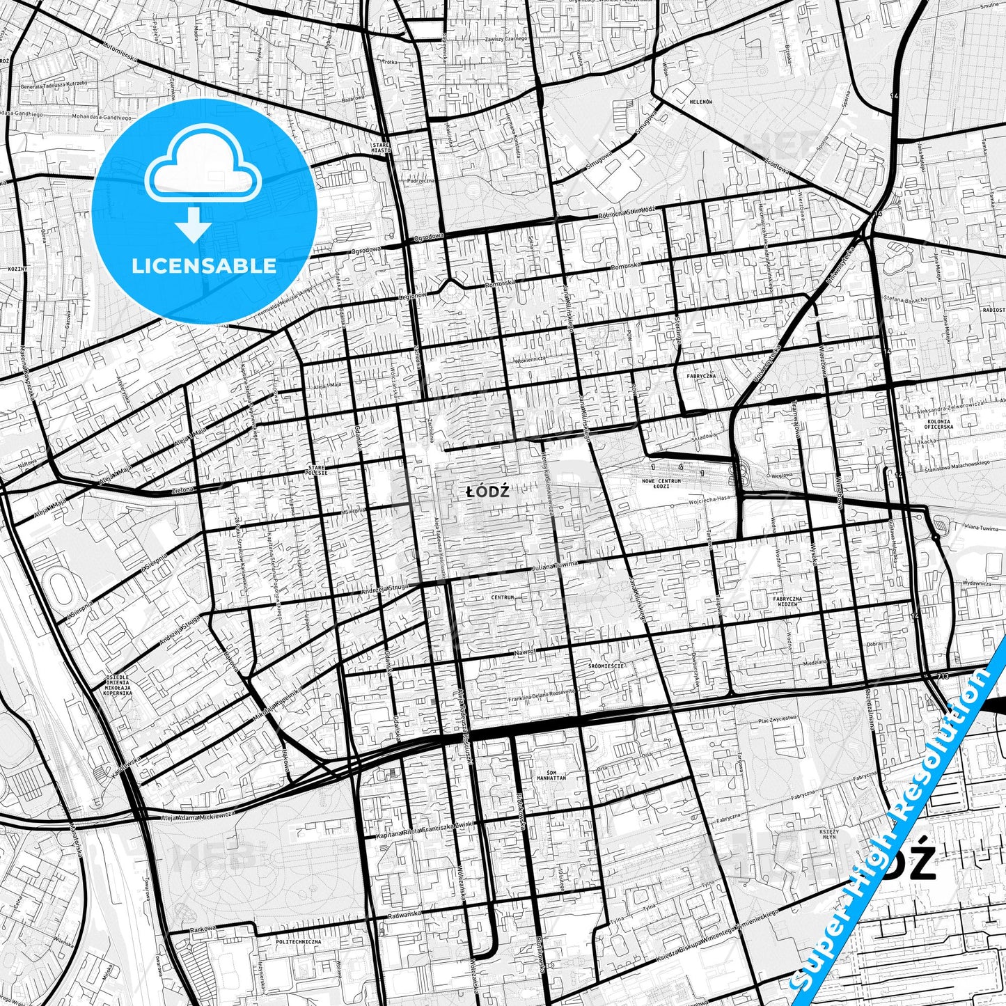 Łódź, Poland Light Map with Street Names, City Names, and Districts