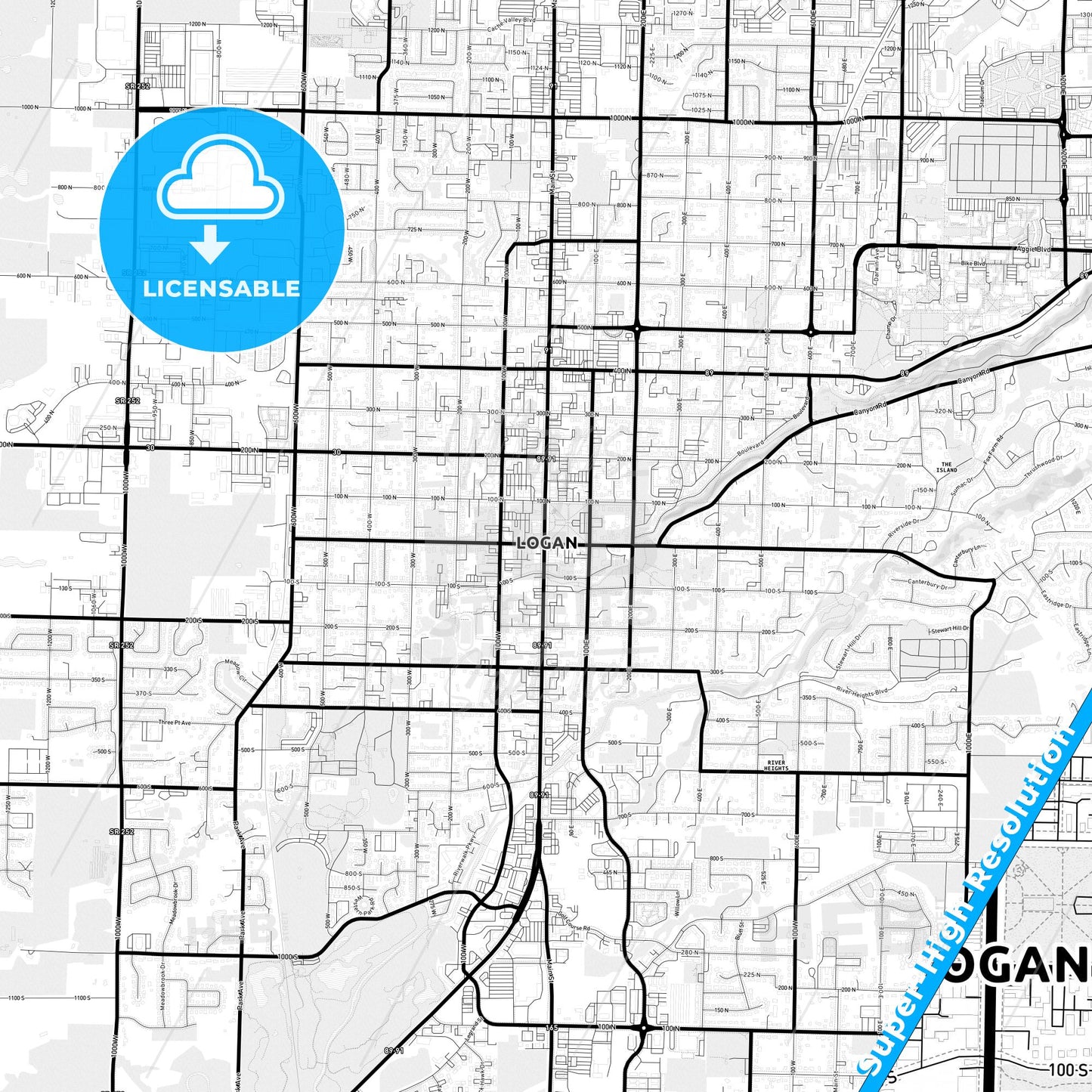 Logan, Utah Light Map with Street Names, City Names, and Districts