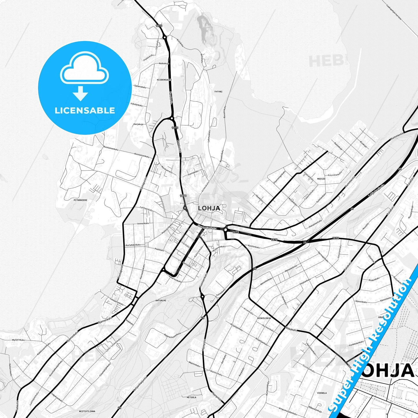 Lohja, Finland Light Map with Street Names, City Names, and Districts