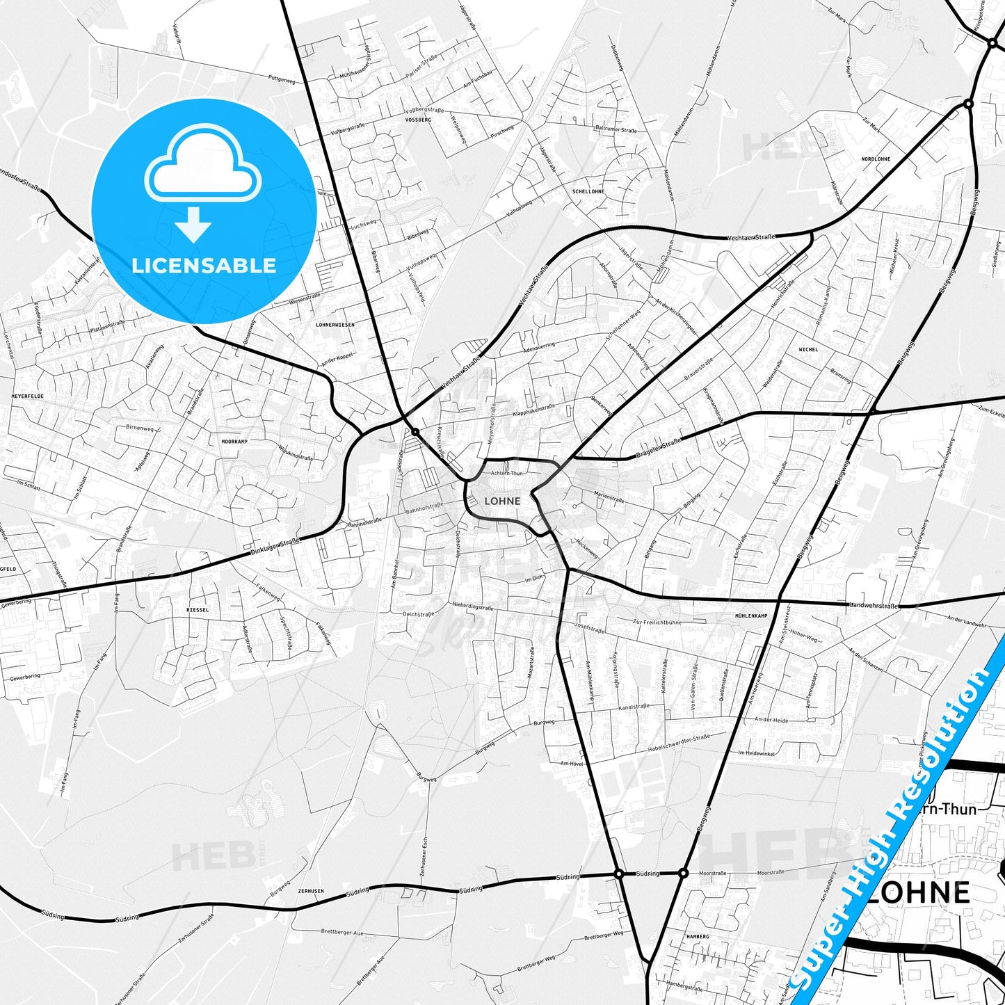 Lohne, Germany Light Map with Street Names, City Names, and Districts