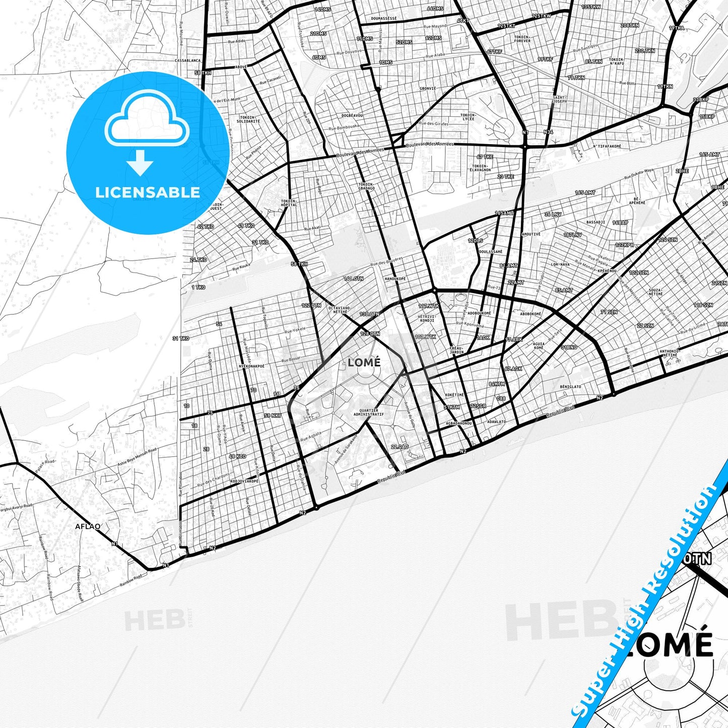 Lome, Togo Light Map with Street Names, City Names, and Districts