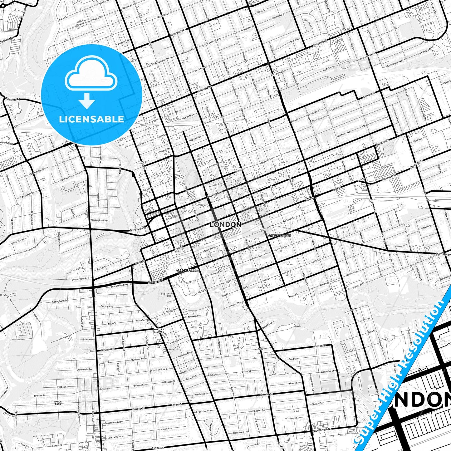 London, Canada Light Map with Street Names, City Names, and Districts