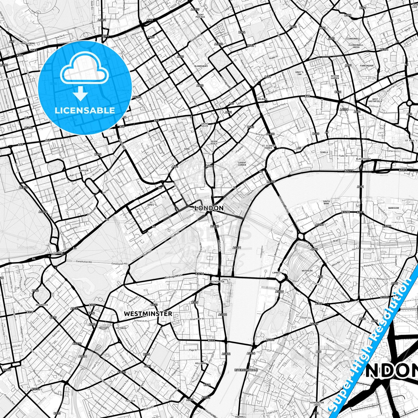 London, England Light Map with Street Names, City Names, and Districts