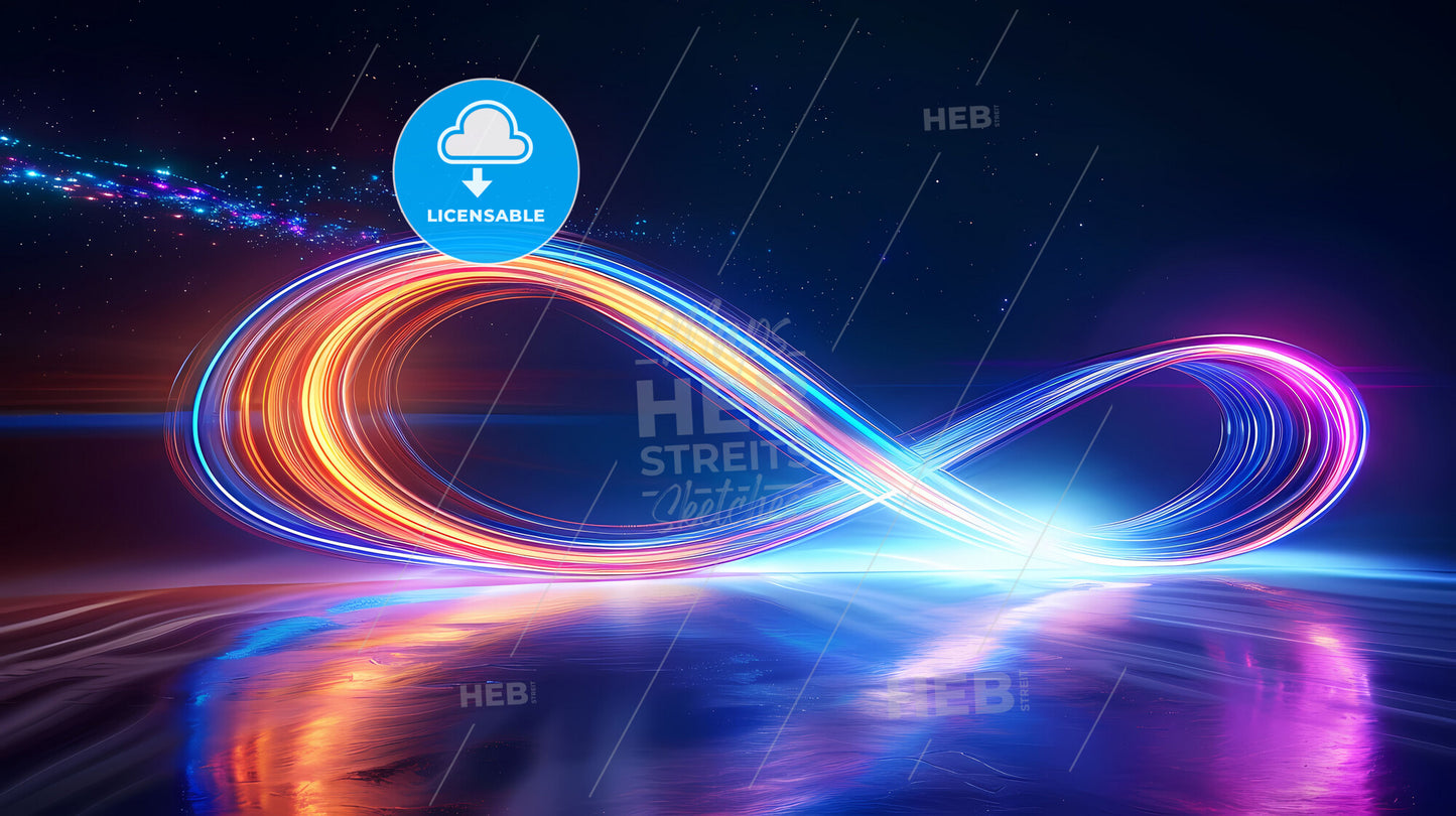 Dynamic Art: Long exposure photography light streaks in vibrant colors tracing an infinite symbol, cinematic, dark, light trails, reflections, 4k, minimal motion