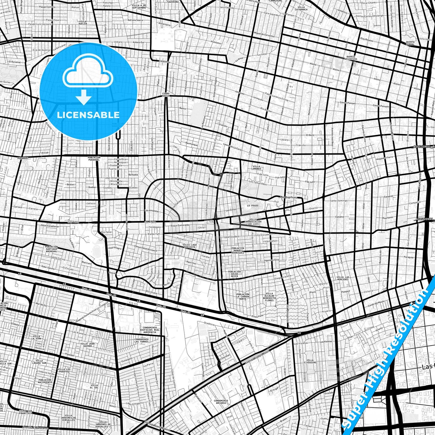 Lo Prado, Chile Light Map with Street Names, City Names, and Districts