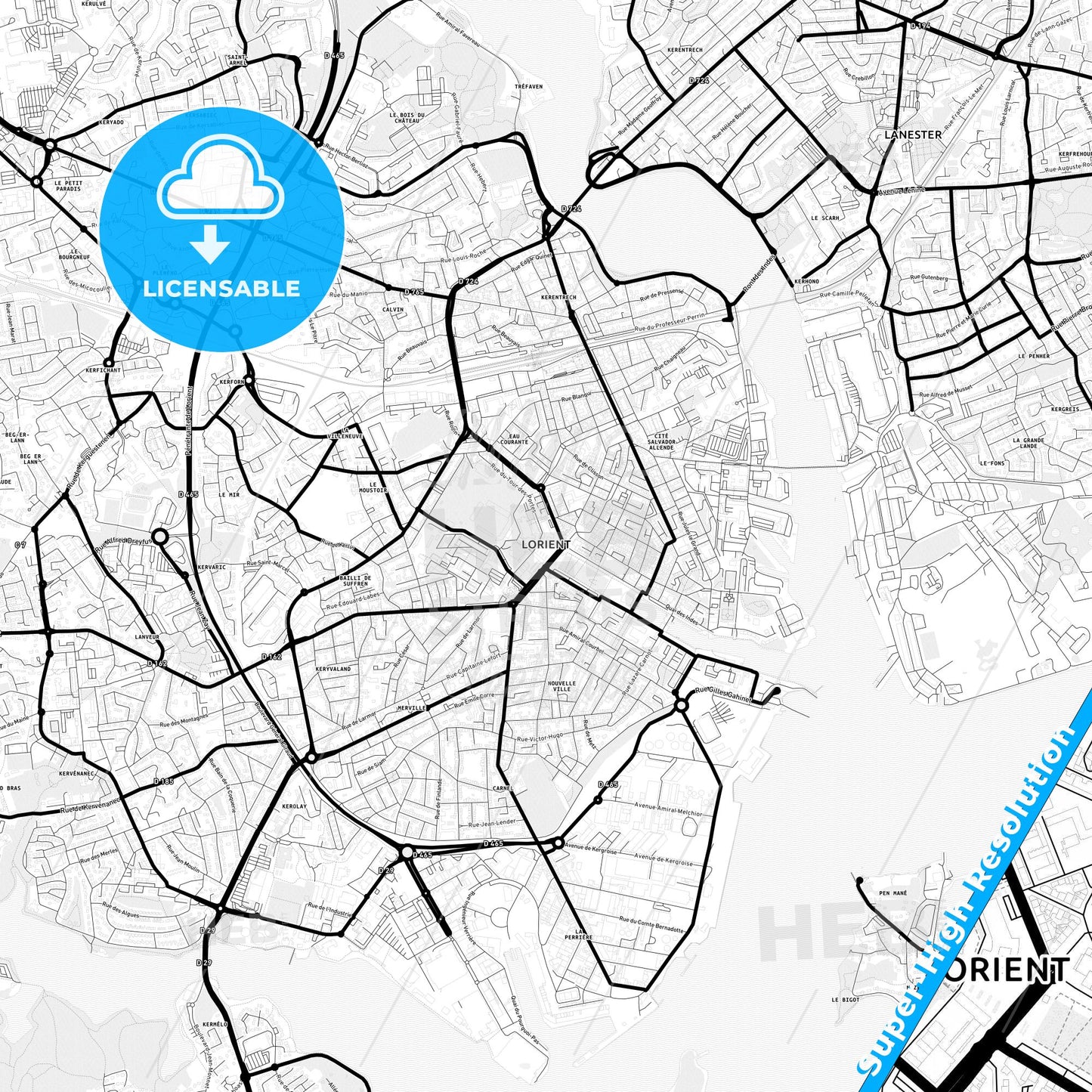 Lorient, France Light Map with Street Names, City Names, and Districts