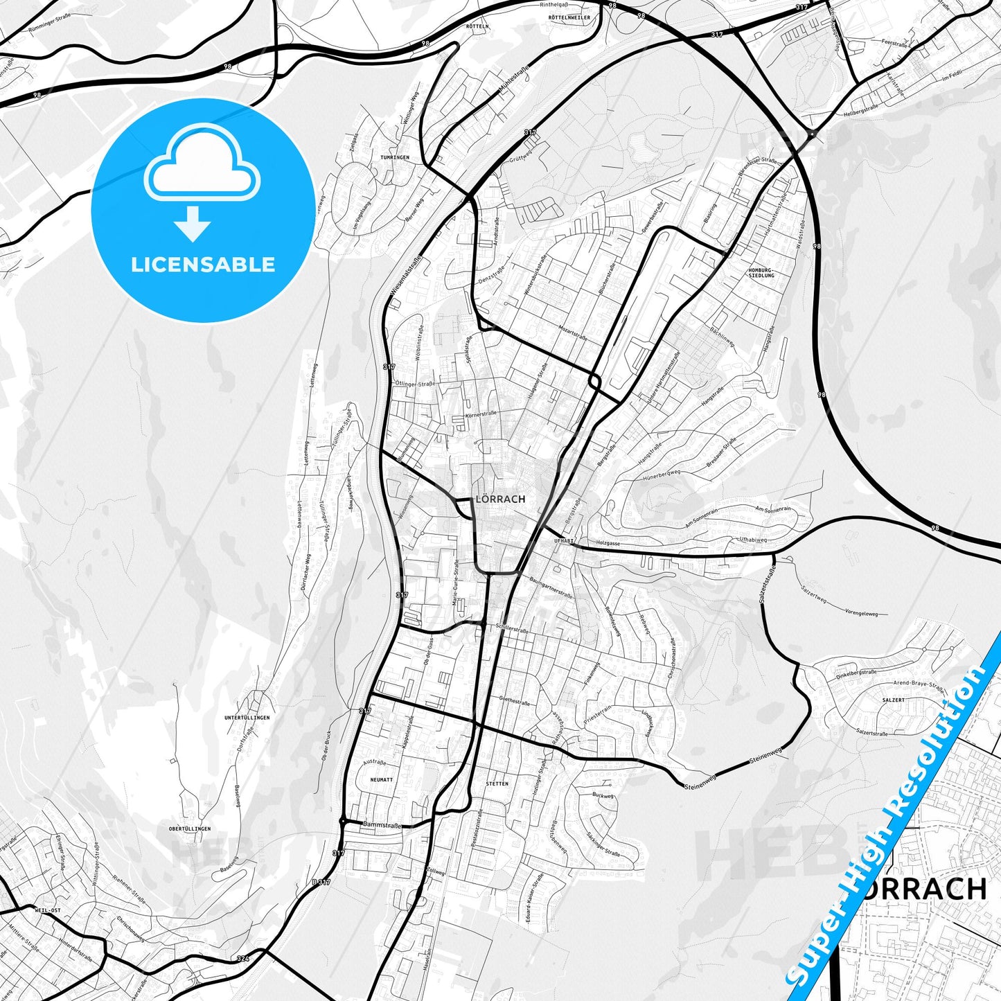 Lorrach, Germany Light Map with Street Names, City Names, and Districts