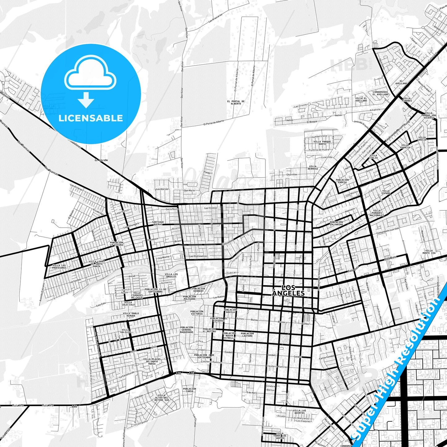 Los Angeles, Chile Light Map with Street Names, City Names, and Districts