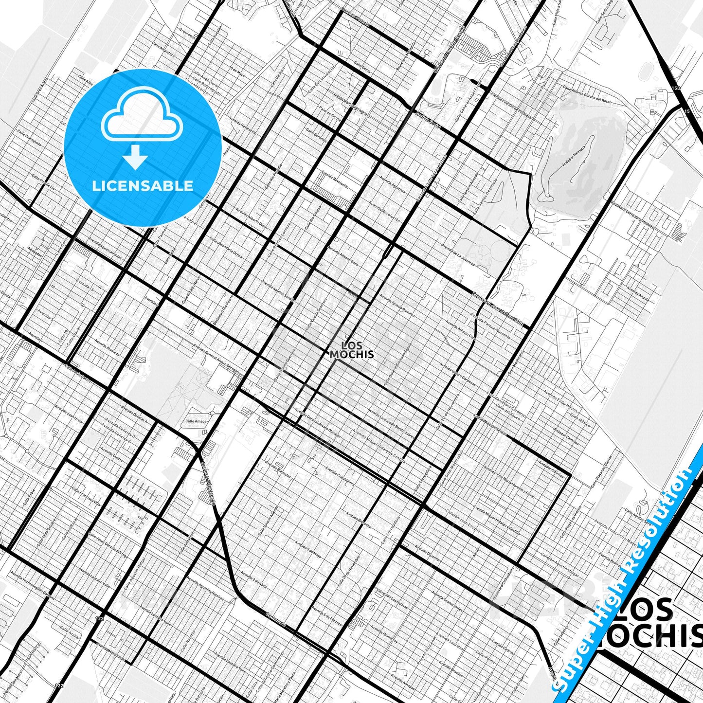 Los Mochis, Mexico Light Map with Street Names, City Names, and Districts
