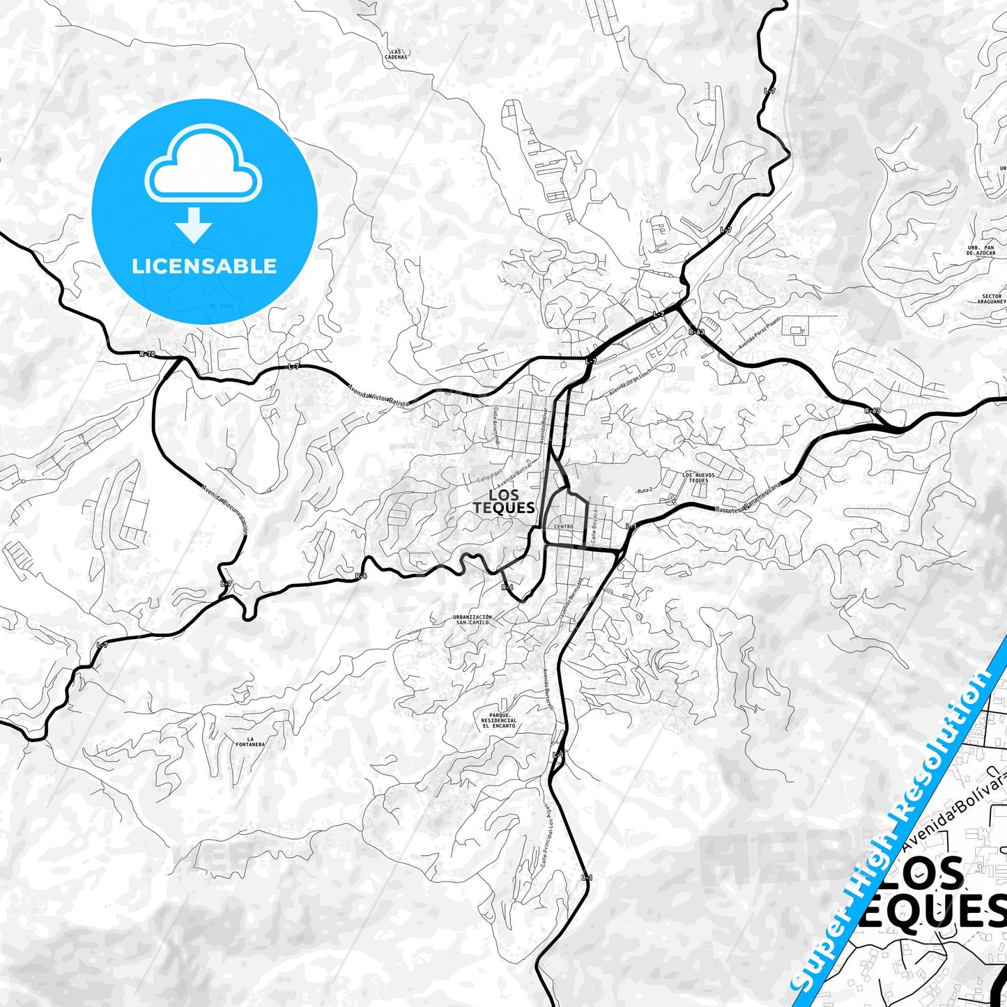 Los Teques, Venezuela Light Map with Street Names, City Names, and Districts