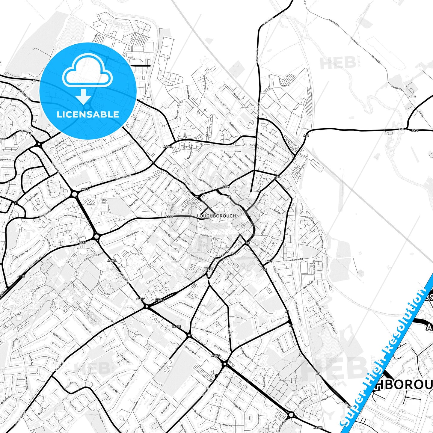 Loughborough, England Light Map with Street Names, City Names, and Districts