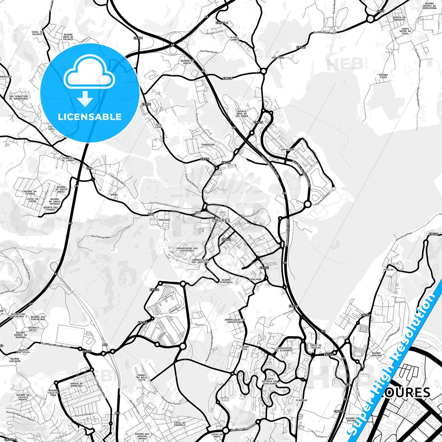 Loures, Portugal Light Map with Street Names, City Names, and Districts