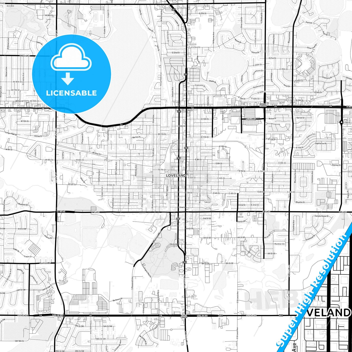 Loveland, Colorado Light Map with Street Names, City Names, and Districts