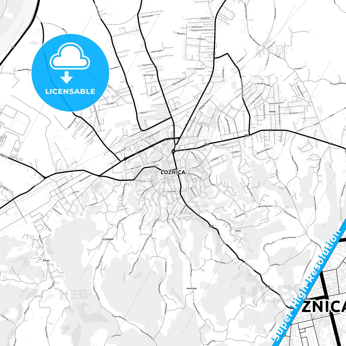 Loznica, Serbia Light Map with Street Names, City Names, and Districts